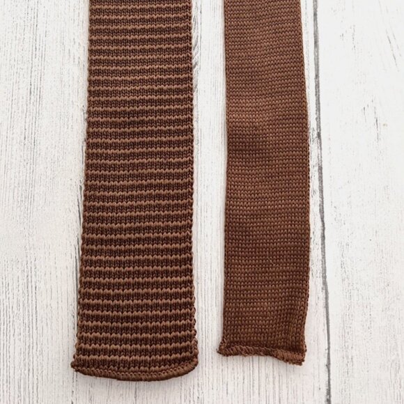 Rooster Square End Knit Neck Tie Vintage Cottonit Knit Brown 2" Wide, 50" Long - Picture 3 of 4